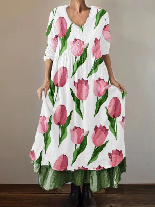 Dames tulpenplant bloem dubbelgelaagde lange jurk