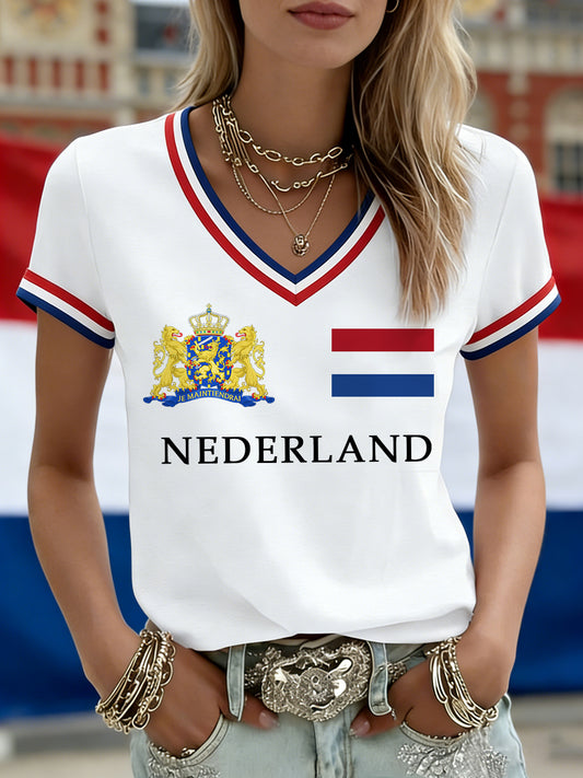 Dames Nederland Vlag Print Casual V-hals T-shirt