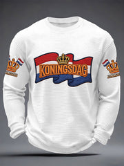 Heren Koningsdag-print casual wafelkraag T-shirt met lange mouwen