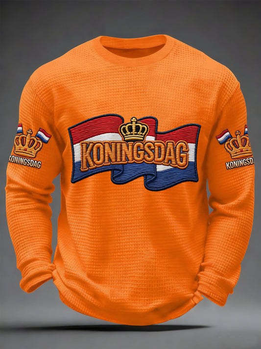 Heren Koningsdag-print casual wafelkraag T-shirt met lange mouwen