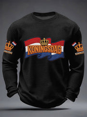 Heren Koningsdag-print casual wafelkraag T-shirt met lange mouwen