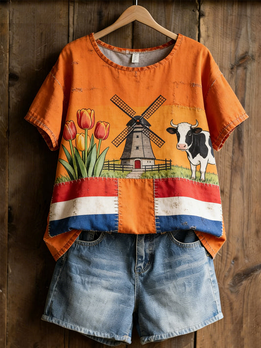 Damesretro informeel shirt met print van Nederlandse culturele symbolen