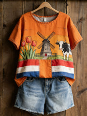 Damesretro informeel shirt met print van Nederlandse culturele symbolen
