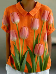 Dames shirt met korte mouwen van katoen en linnen met bloemenprint