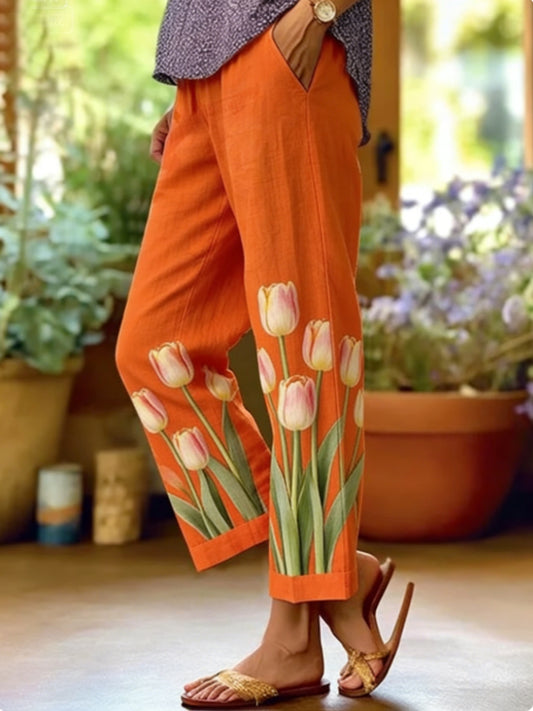 Casual broek van katoen en linnen met bloemenprint