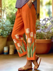 Casual broek van katoen en linnen met bloemenprint