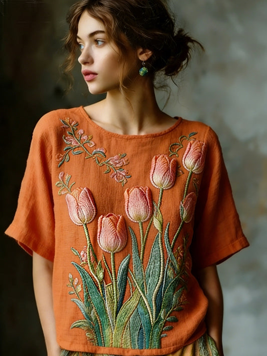 Dames geborduurd luchtig linnen casual shirt