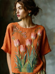 Dames geborduurd luchtig linnen casual shirt