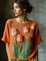 Dames geborduurd luchtig linnen casual shirt