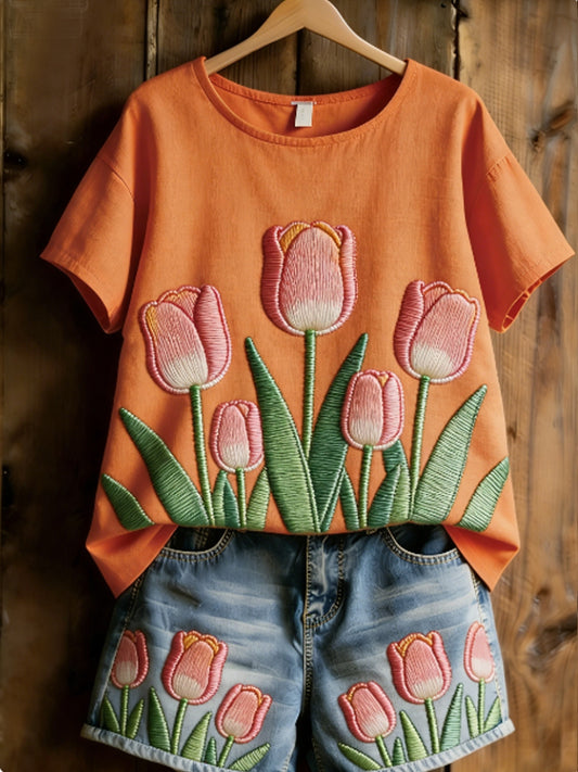 Casual T-shirt met bloemen en patchwork voor dames