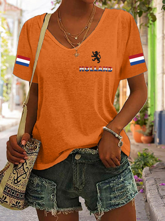 Dameskatoenen T-shirt met V-hals voor Koningsdag