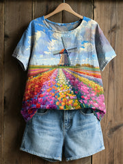 Damesretro olieverfschilderij molen tulpprint casual shirt met korte mouwen