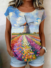 Damesretro olieverfschilderij molen tulpprint casual shirt met korte mouwen