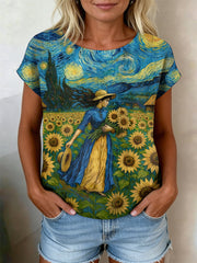 Dames retro olieverfschilderij sterrenhemel zonnebloemprint korte mouw
