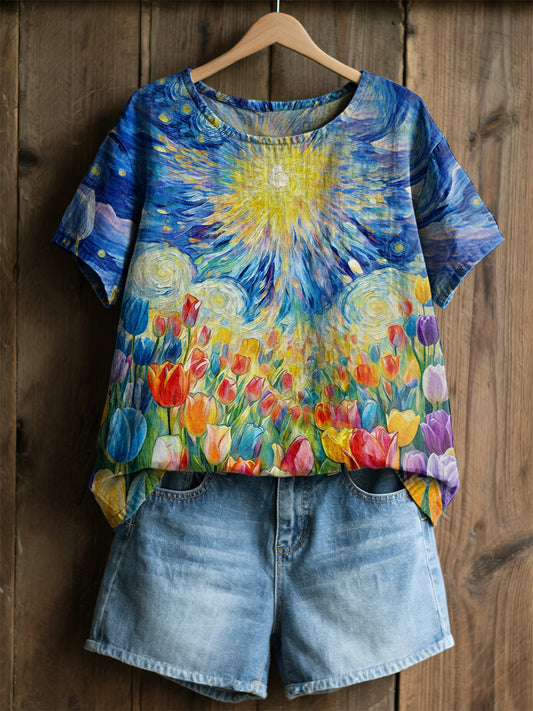 Damesretro olieverfschilderij sterrenhemel tulpprint casual shirt met korte mouwen