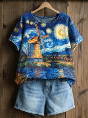 Damesretro olieverfschilderij sterrenhemel windmolenprint casual shirt met korte mouwen