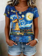 Damesretro olieverfschilderij sterrenhemel windmolenprint casual shirt met korte mouwen
