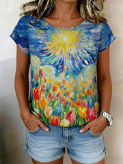 Damesretro olieverfschilderij sterrenhemel tulpprint casual shirt met korte mouwen