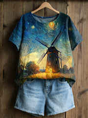 Damesretro olieverfschilderij sterrenhemel windmolen tulpprint casual shirt met korte mouwen
