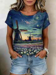Damesretro olieverfschilderij sterrenhemel windmolen tulpprint casual shirt met korte mouwen