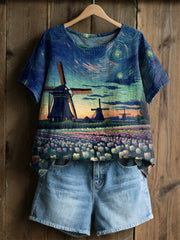 Damesretro olieverfschilderij sterrenhemel windmolen tulpprint casual shirt met korte mouwen