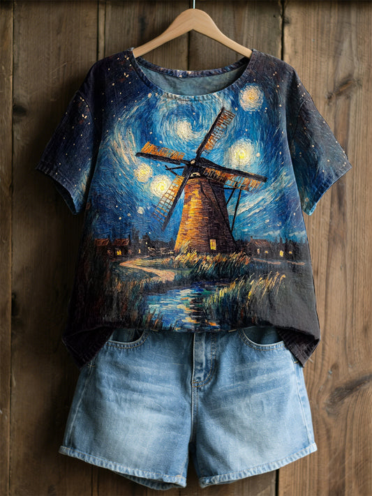 Damesretro olieverfschilderij sterrenhemel windmolenprint casual shirt met korte mouwen