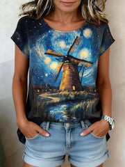 Damesretro olieverfschilderij sterrenhemel windmolenprint casual shirt met korte mouwen