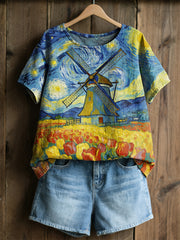 Damesretro olieverfschilderij sterrenhemel windmolen tulpprint casual shirt met korte mouwen