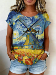 Damesretro olieverfschilderij sterrenhemel windmolen tulpprint casual shirt met korte mouwen