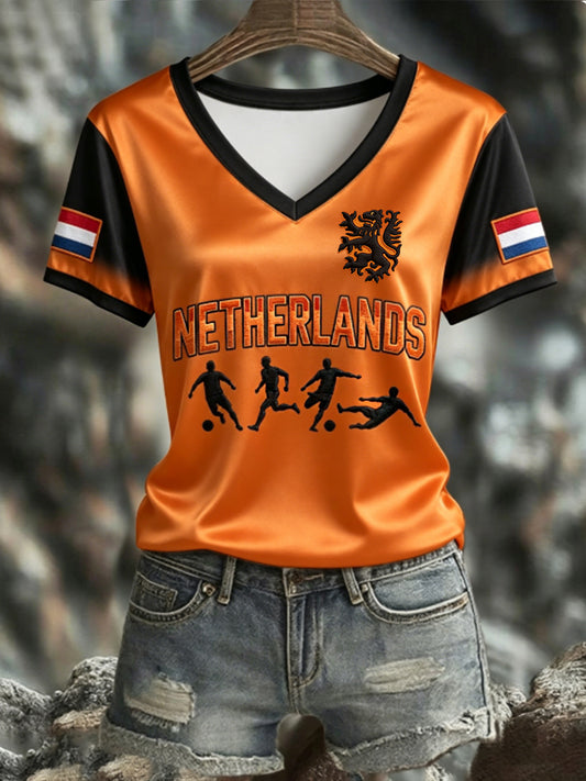 Dames NEDERLAND 2026 voetbal T-shirt met V-hals en korte mouwen van zijde