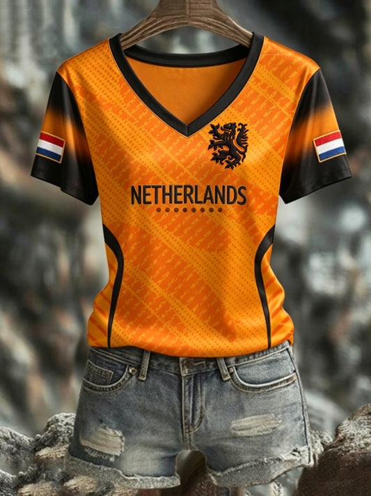 Dames NEDERLAND 2026 voetbal T-shirt met V-hals en korte mouwen van zijde